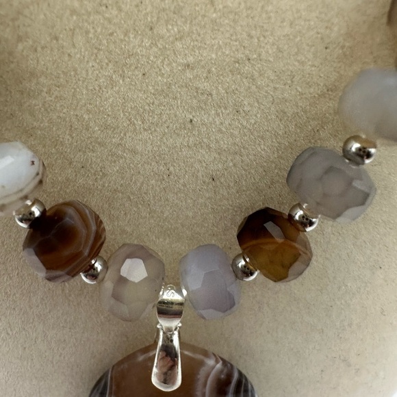 Botswana Agate Pendant and Beaded Necklace on Brown Faux Leather Double Rope - Picture 6 of 15